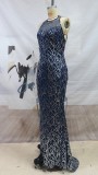 Autumn Blue Sequin Scoop Neck Mermaid Evening Dress