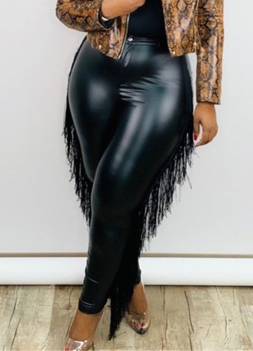 Winter Plus Size Black Tassels Tight Leather Pants