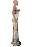 Summer Print Retro Strapless Cut Out Wide Jumpsuit
