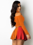 Autumn Off Shoulder Long Sleeve Crop Top and Pleated Matching Skirts 2pc Set