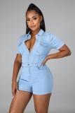 Summer Casual Blue Button Up Short Sleeves Denim Jeans Rompers