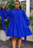 Autumn Casual Blue A-line Puff Sleeve Round Neck Short Dress