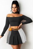 Autumn Off Shoulder Long Sleeve Crop Top and Pleated Matching Skirts 2pc Set