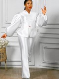 Autumn Formal White Puff Sleeve Peplum Top and High Waist Pants Set