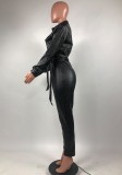 Winter Black Leather Long Sleeve Button Up Jumpsuit with Belt