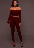 Autumn Red Ribbed Basic Off Shoulder Crop Top and Pants 2pc Set
