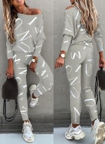 Conjunto de 2 piezas de camisa y pantalones casuales grises con estampado de letras otoñales