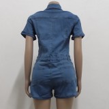 Summer Casual Blue Button Up Short Sleeves Denim Jeans Rompers