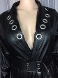 Winter Plus Size Black Leather Long Jacket Dress with Belt