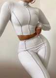 Autumn White Ribbed Turtleneck Crop Top and Pants 2pc Set
