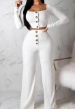 Autumn White Ribbed Crop Top and High Waist Pants 2pc Set