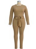 Autumn Plus Size Khaki Tight Sexy Crop Top and Knotted Pants 2pc Set