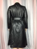 Winter Plus Size Black Leather Long Jacket Dress with Belt