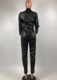 Winter Black Leather Long Sleeve Button Up Jumpsuit with Belt