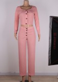 Autumn Pink Ribbed Crop Top and High Waist Pants 2pc Set