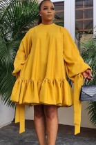 Herfst casual gele A-lijn pofmouw ronde hals korte jurk