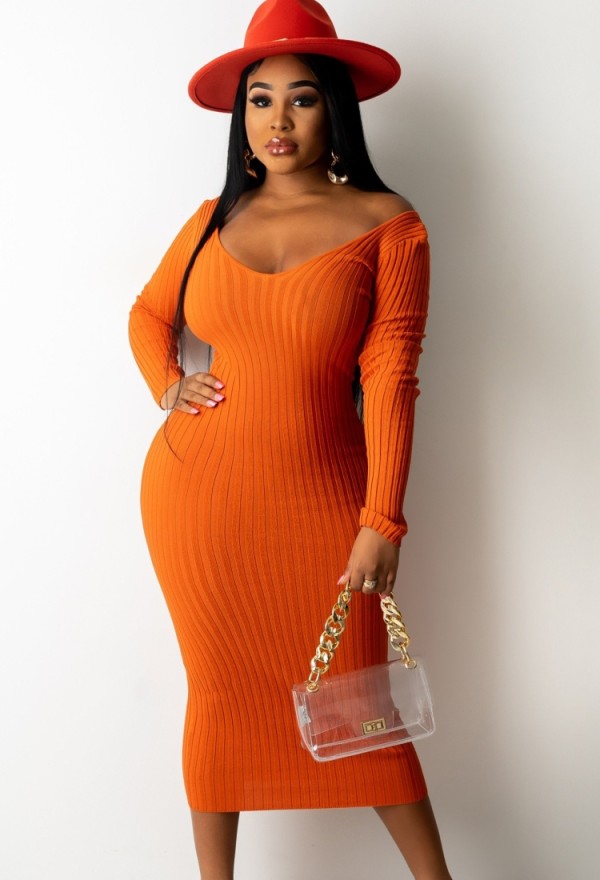 Winter Orange Knitting V-Neck Long Bodycon Dress