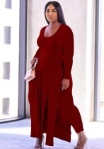 Autumn Plus Size Red Side Slit Long Shirt and Matching Pants 2pc Set