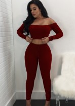 Autumn Red Ribbed Basic Off Shoulder Crop Top and Pants 2pc Set