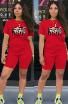 Camiseta estampada de dibujos animados rojos deportivos casuales de verano y pantalones cortos a juego Conjunto de dos piezas