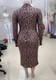 Fall Sexy Leopard Print Long Sleeve Midi Dress Without Belt