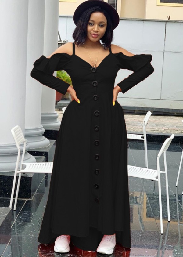Fall Sexy Black Ruffled Off Shoulder Straps Long Sleeve Maxi Dress