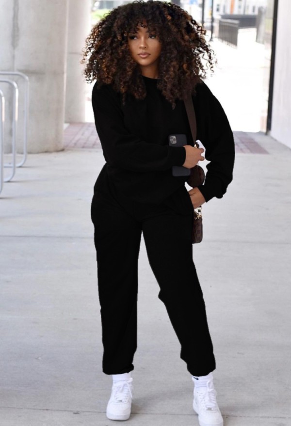 Fall Black Casual Sports Long Sleeve Loose Two Piece Sweatsuit