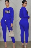 Fall Casual Sports Blue Cartoon Printed Ruched Bloused And Matching Dtrawstring Pants Two Piece Set