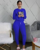 Fall Casual Sports Blue Cartoon Printed Ruched Bloused And Matching Dtrawstring Pants Two Piece Set