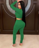 Fall Casual Sports Green Cartoon Printed Long Sleeve Crop Top And Matching Dtrawstring Pants Two Piece Set
