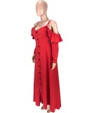Fall Sexy Red Ruffled Off Shoulder Straps Long Sleeve Maxi Dress
