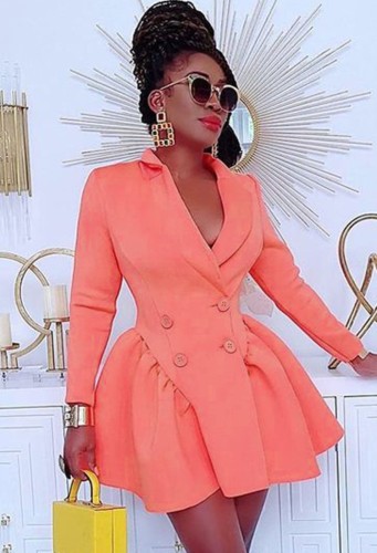 Fall Fashion Pink Double-Breasted Turndown Collar Long Sleeve Pleated Blazer Dress
