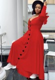 Fall Sexy Red Ruffled Off Shoulder Straps Long Sleeve Maxi Dress