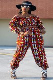 Fall Sexy Retro Print Off Shoulder Long Sleeve Crop Top And Matching Pants Two Piece Set