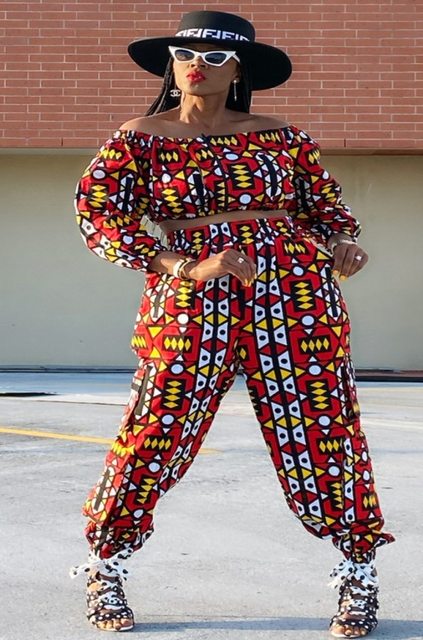 Fall Sexy Retro Print Off Shoulder Long Sleeve Crop Top And Matching Pants Two Piece Set