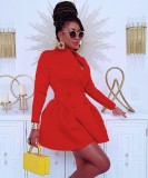 Fall Fashion Red Double-Breasted Turndown Collar Long Sleeve Pleated Blazer Dress