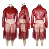 Fall Fashion Red Mesh Patchwork Turndown Collar Long Sleeve Pu Leather Jacket