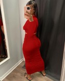 Fall Sexy Red Round Neck Cut Out Long Sleeve Ruched Slim Long Dress