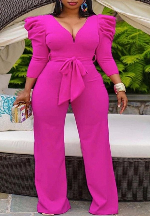 Fall Elegant Pink Puff Sleeve V Neck Wide-Leg Formal Jumpsuit With Belt