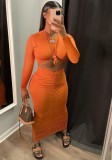 Fall Sexy Orange Round Neck Cut Out Long Sleeve Ruched Slim Long Dress