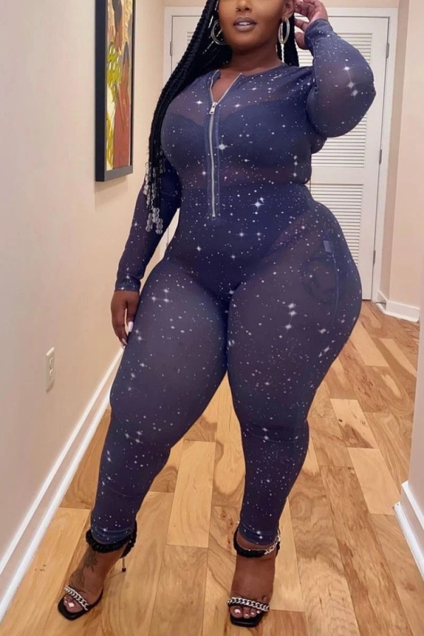 Fall Plus Size Sexy Print See Through Zip Long Sleeve Slim Jumpsuit