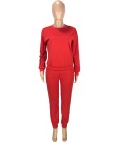 Fall Red Casual Sports Long Sleeve Loose Two Piece Sweatsuit