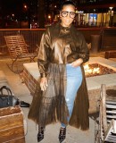 Fall Fashion Brown Mesh Patchwork Turndown Collar Long Sleeve Pu Leather Jacket