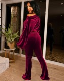 Fall Causal Red Solid Long Sleeve Crop Top And Pant Set