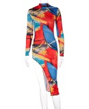 Fall Fashion Colorful Print High Neck Long Sleeve Slit Long Dress