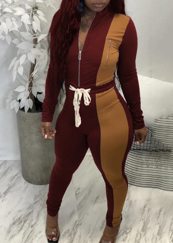 Fall Trendy Red Contrast Ziper Long Sleeve Top And High Waist Pants Two Piece Set