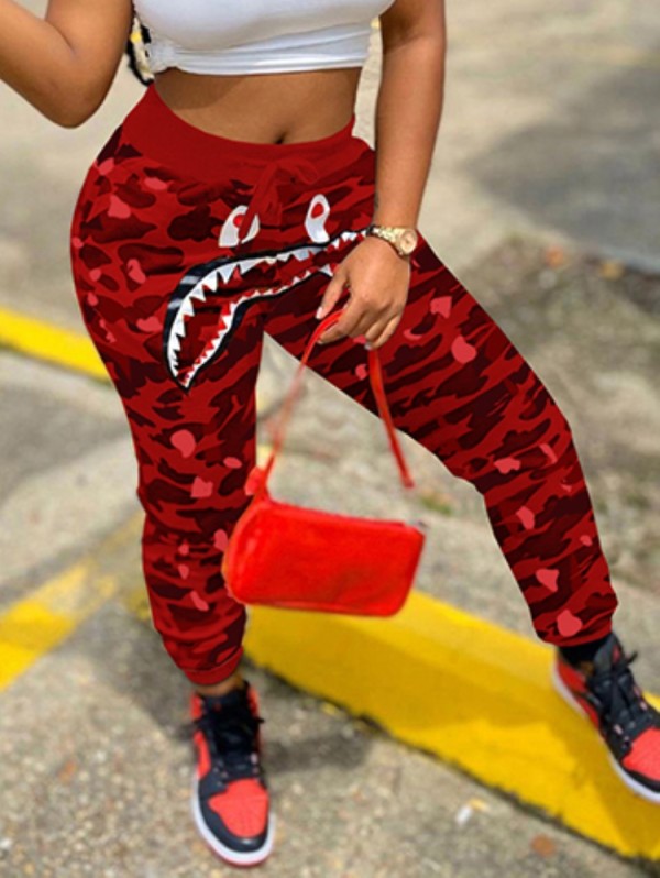 Fall Casual Sports Red Camou High Waist Drawstring Sweatpants
