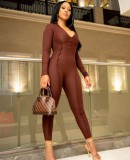 Fall Sexy Brown Ruffled V-Neck Long Sleeve Slim Knitted Jumpsuit