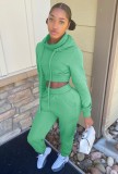 Fall Casual Plain Green Long Sleeve Crop Hoodie And Sweatpants Two Piece Set