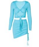 Fall Sexy Blue Cut Out Long Sleeve Crop Top And Min Tie Dress Set